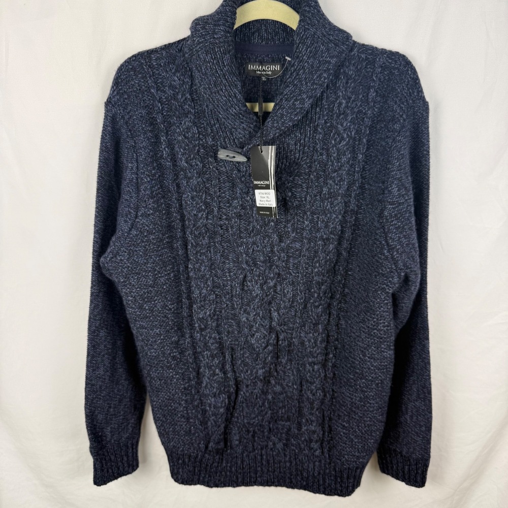 NEW Immagini Navy Blue Cableknit Fisherman Sweater XL Wool Blend Shawl Marled